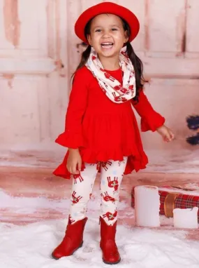 Girls Red Long Sleeve Ruffled Tunic, Reindeer Leggings And Scarf Set