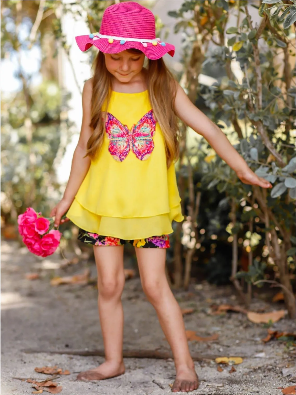 Girls Trimmed Double Layer Swing Tunic And Cuffed Bow Short Set