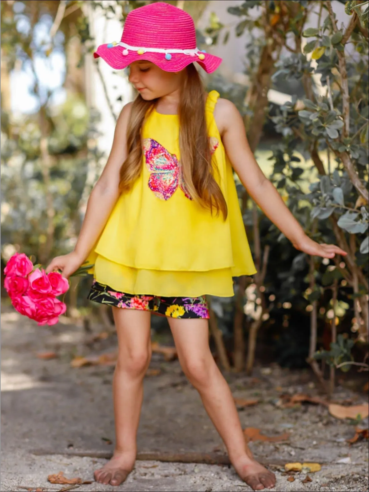 Girls Trimmed Double Layer Swing Tunic And Cuffed Bow Short Set