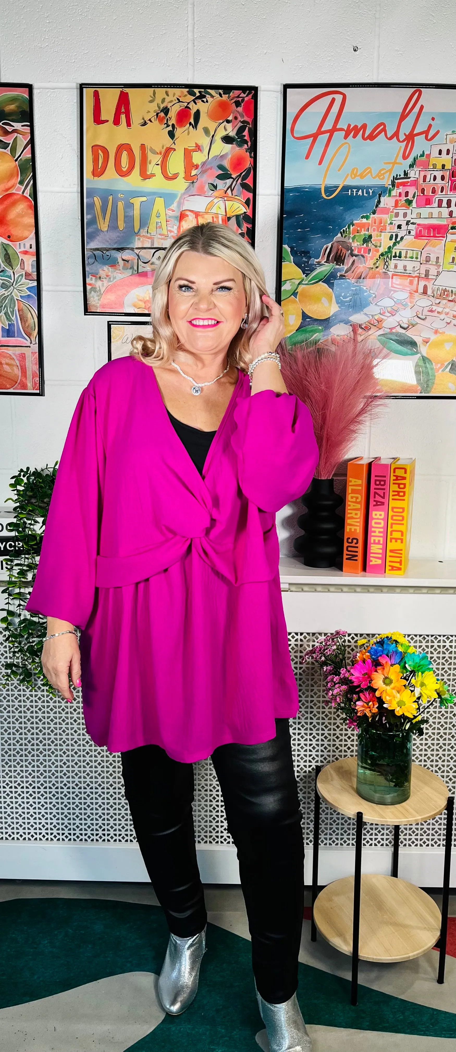 Giselle V neck Tunic Top - Magenta