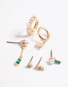 Gold Pearl & Emerald Earrings 6-Pack