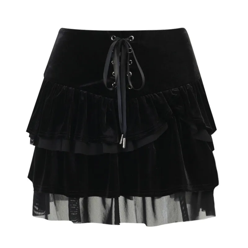 Gothic punk style eyelet lace up strap mesh overskirt sexy layered velvet big hem skirt dress