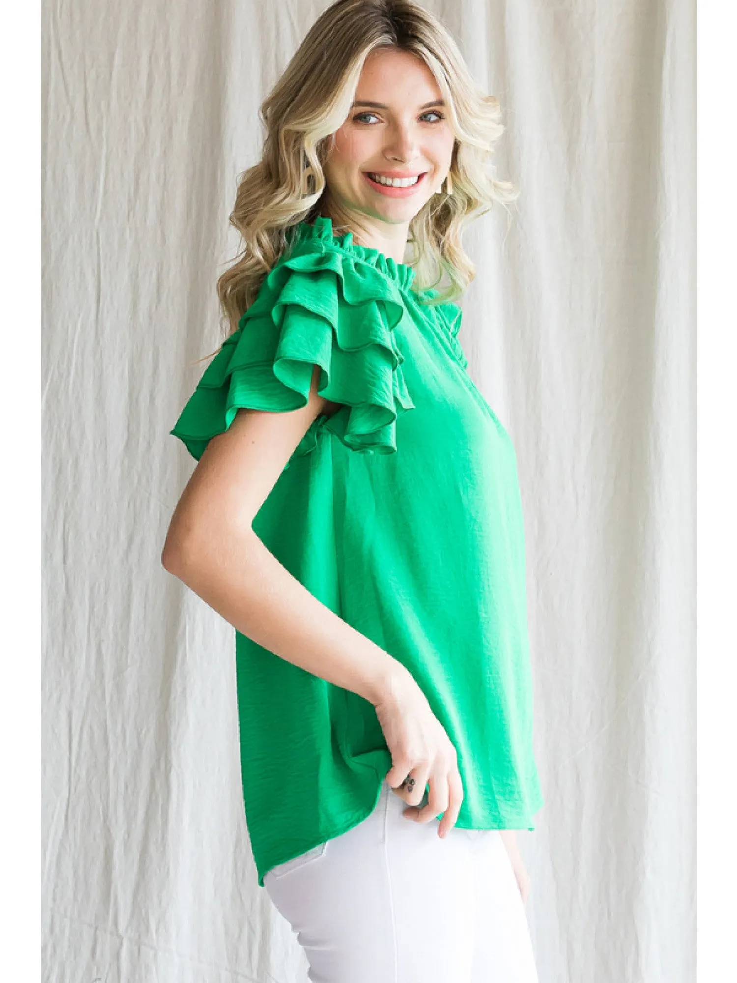 Green Ruffled SS Top