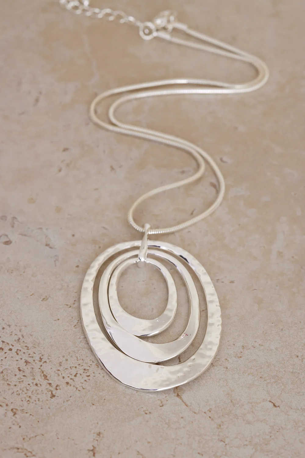 Hammered Double Oval Pendant Necklace - Silver