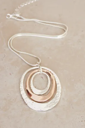 Hammered Double Oval Pendant Necklace - Silver/Rose Gold