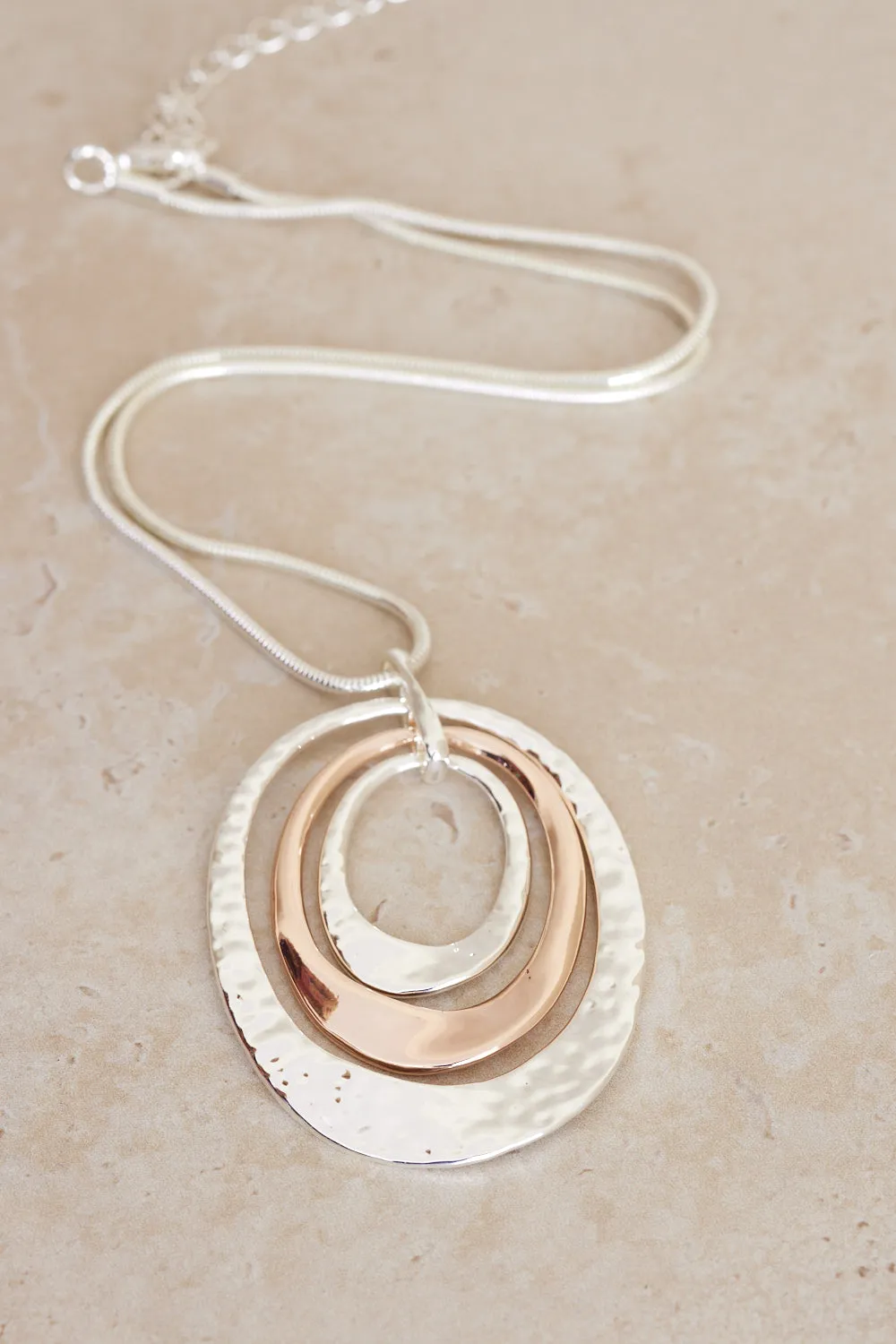 Hammered Double Oval Pendant Necklace - Silver/Rose Gold