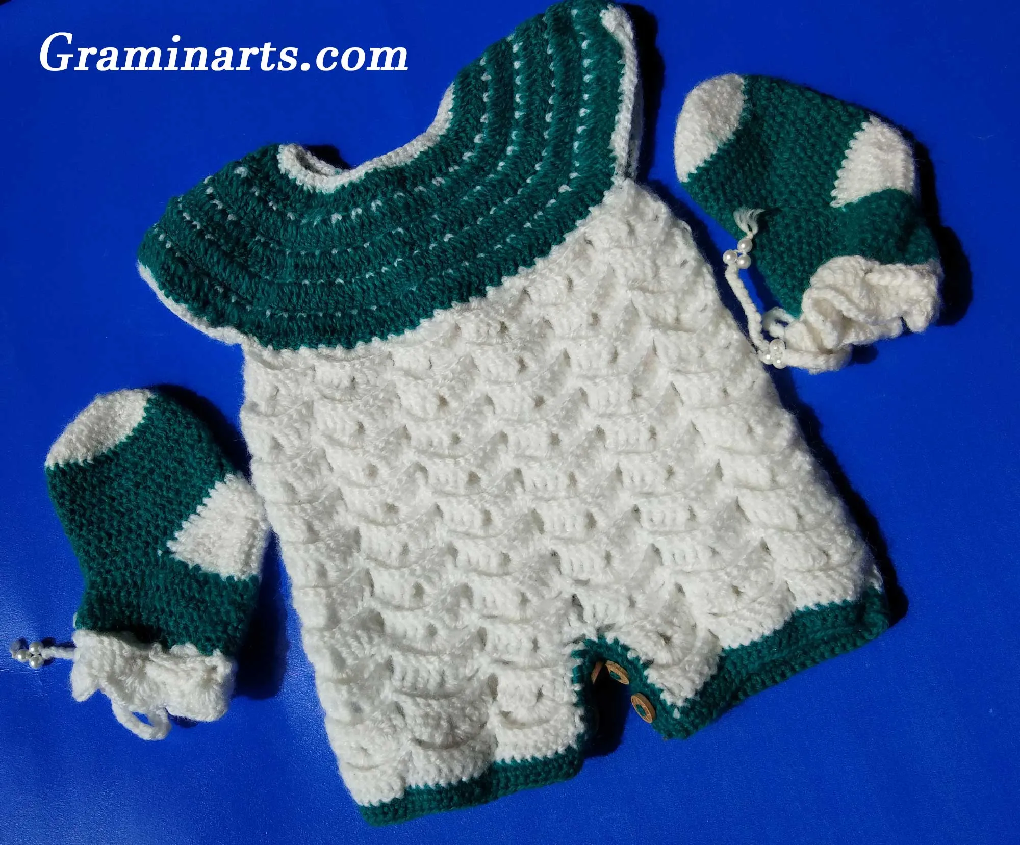 Handmade Graminarts Woolen Crochet Design Jumpsuit For New Born Baby Girl- White & Teal