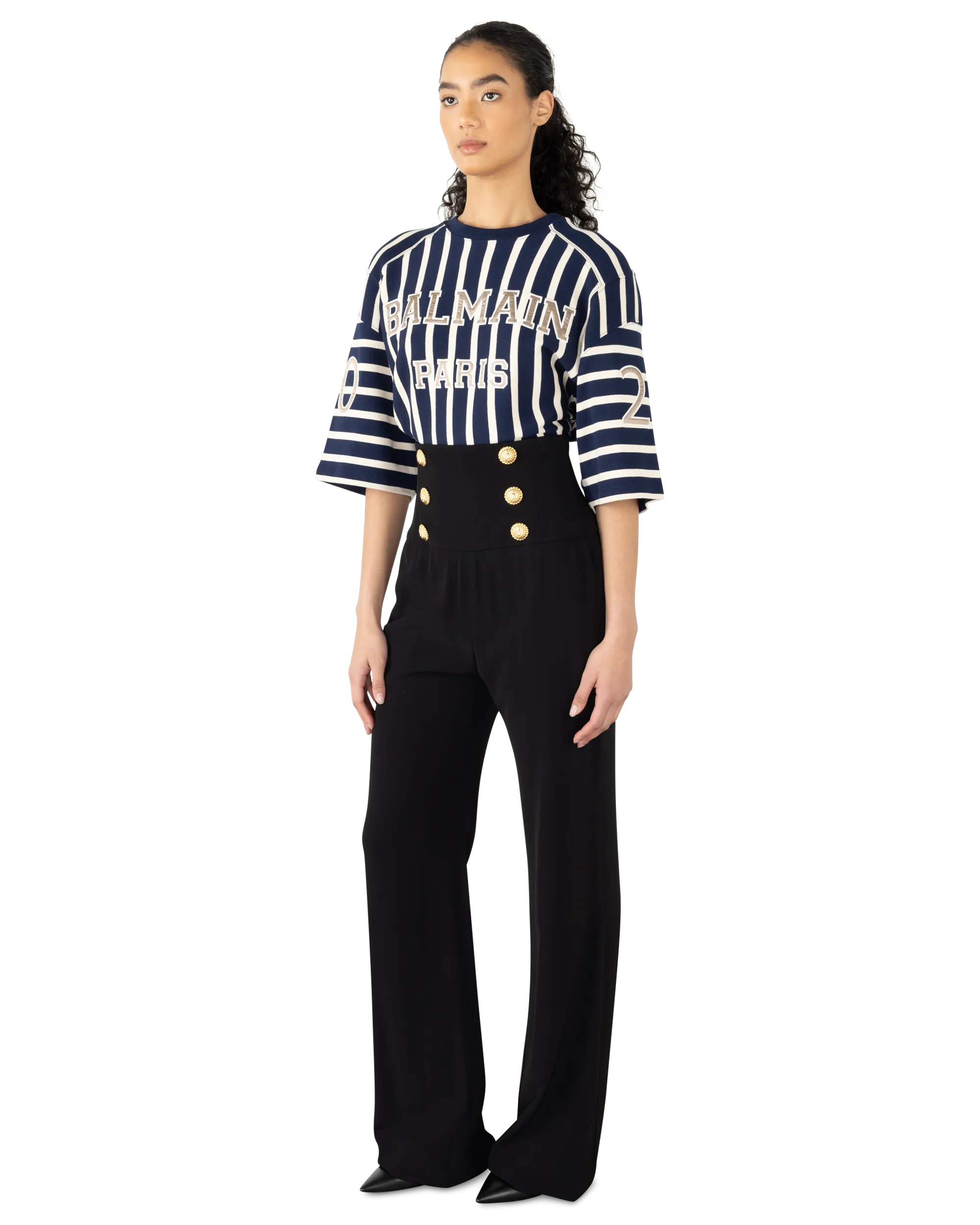 High Waisted 6 Button Crepe Wide-Leg Trousers