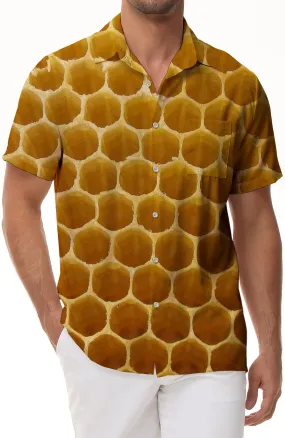 Honeycomb Gold Personality Daily Men's Hawaiian Button Casual Printed Shirt Short Sleeves