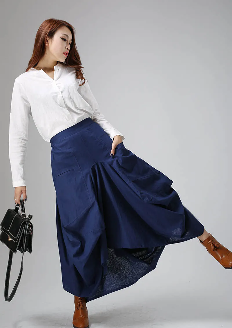 Irregular blue skirt casual linen dress woman maxi skirt custom made (824)