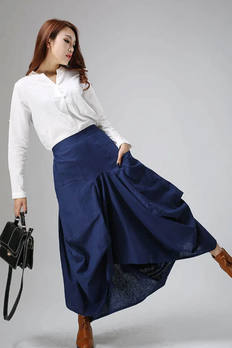 Irregular blue skirt casual linen dress woman maxi skirt custom made (824)