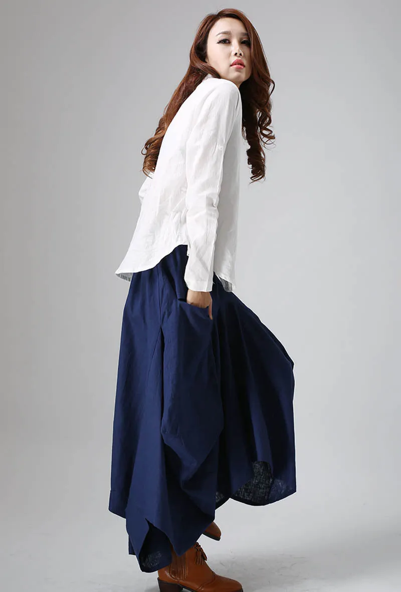 Irregular blue skirt casual linen dress woman maxi skirt custom made (824)