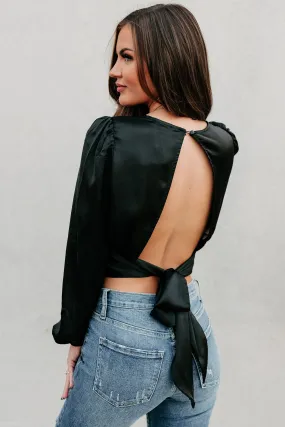 Irresistible Temptations Satin Tie-Back Crop Top (Black)