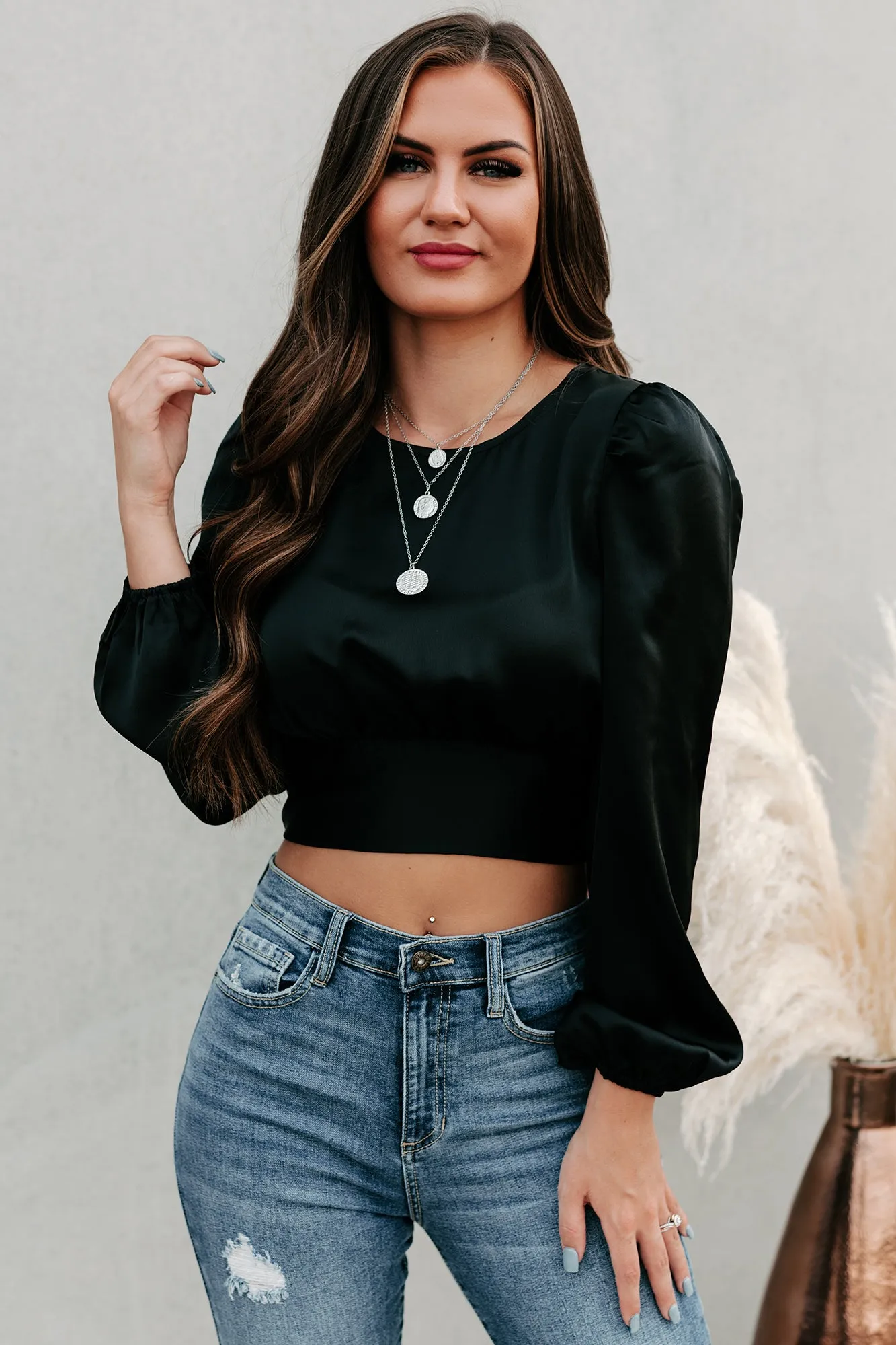 Irresistible Temptations Satin Tie-Back Crop Top (Black)