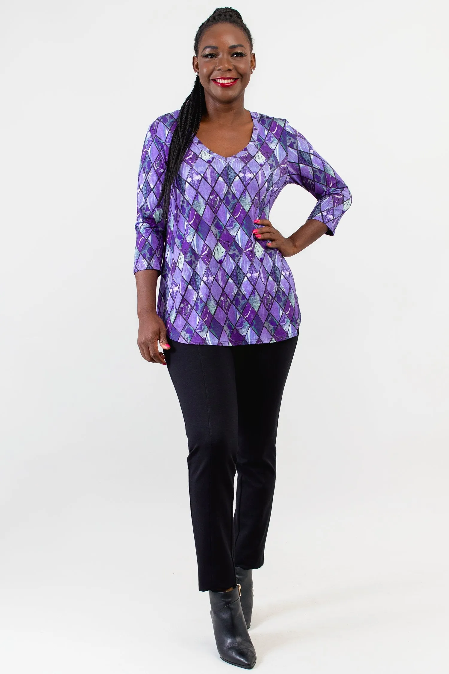 Jackie 3/4 Sleeve, Violet Windowpane, Bamboo - Final Sale