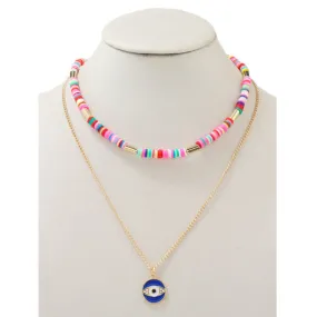 JAN39922 - Layered Evil Eye & Disc Necklace