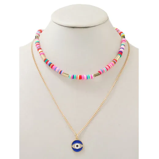 JAN39922 - Layered Evil Eye & Disc Necklace