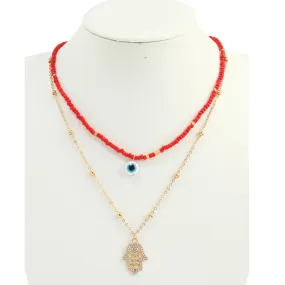 JAN42252 - Layered Beaded Hamsa Evil Eye Necklace