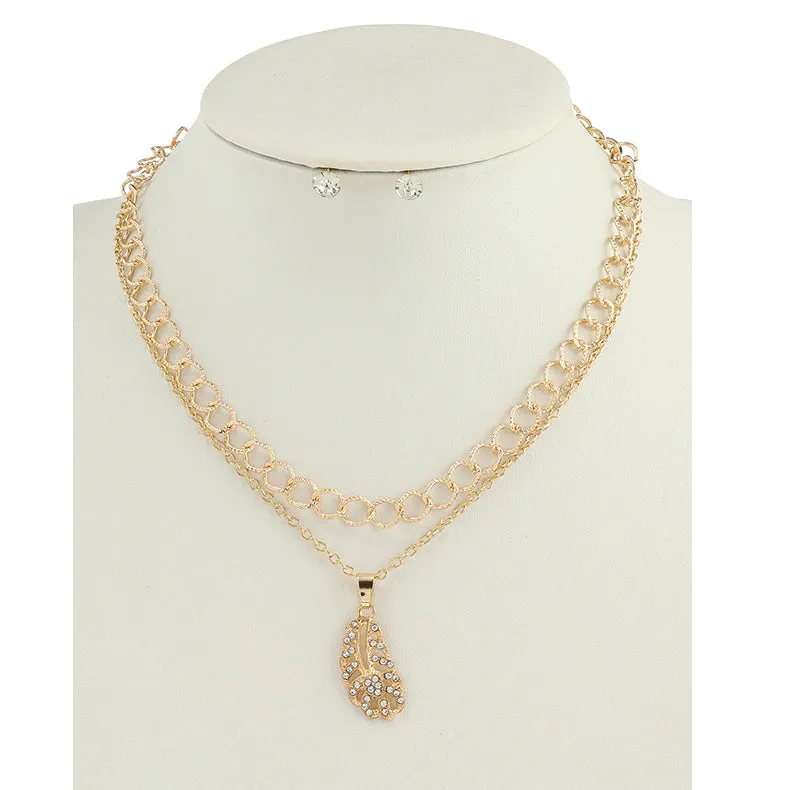 JAN45016 - Rhinestone Leaf Layered Chain Necklace