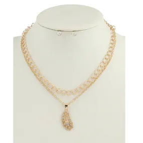 JAN45016 - Rhinestone Leaf Layered Chain Necklace