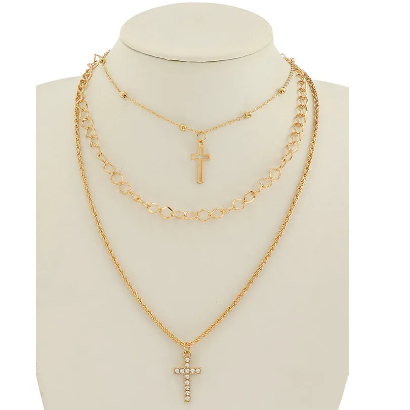 JAN45333 - Rhinestone Cross Layered Chain Necklace