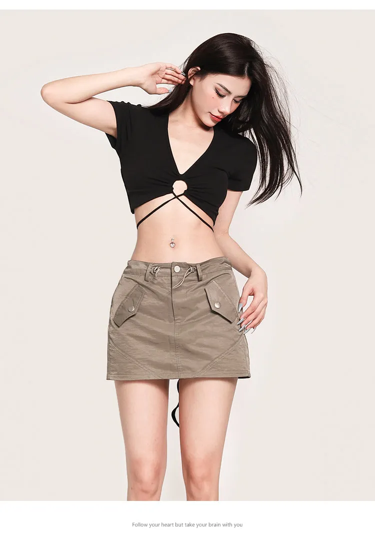 Janet Solid Color V-Neck Slim Short Sleeve Waist Rope Strap Cropped Topp