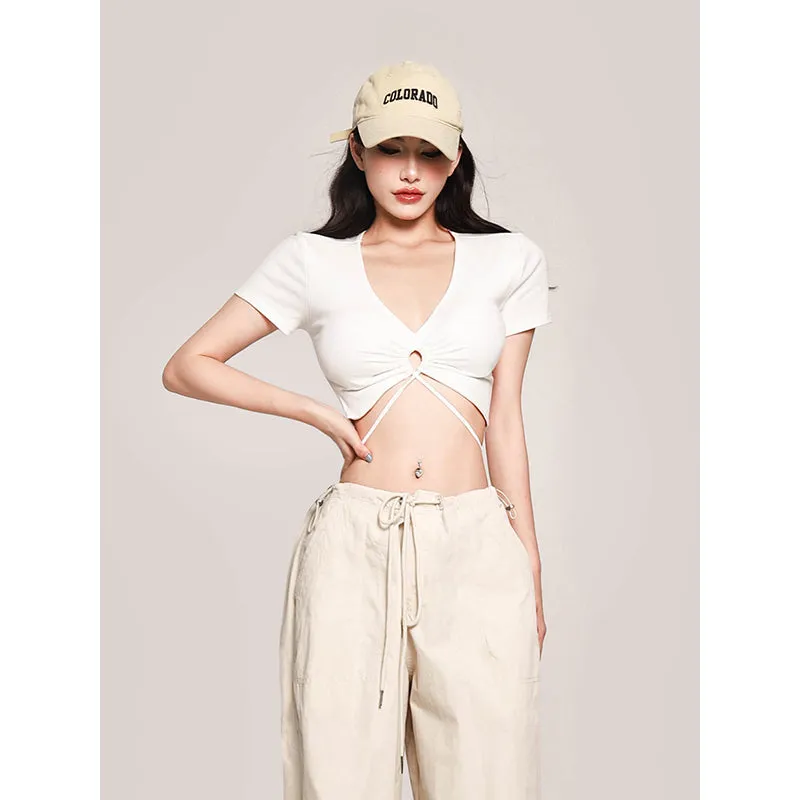 Janet Solid Color V-Neck Slim Short Sleeve Waist Rope Strap Cropped Topp