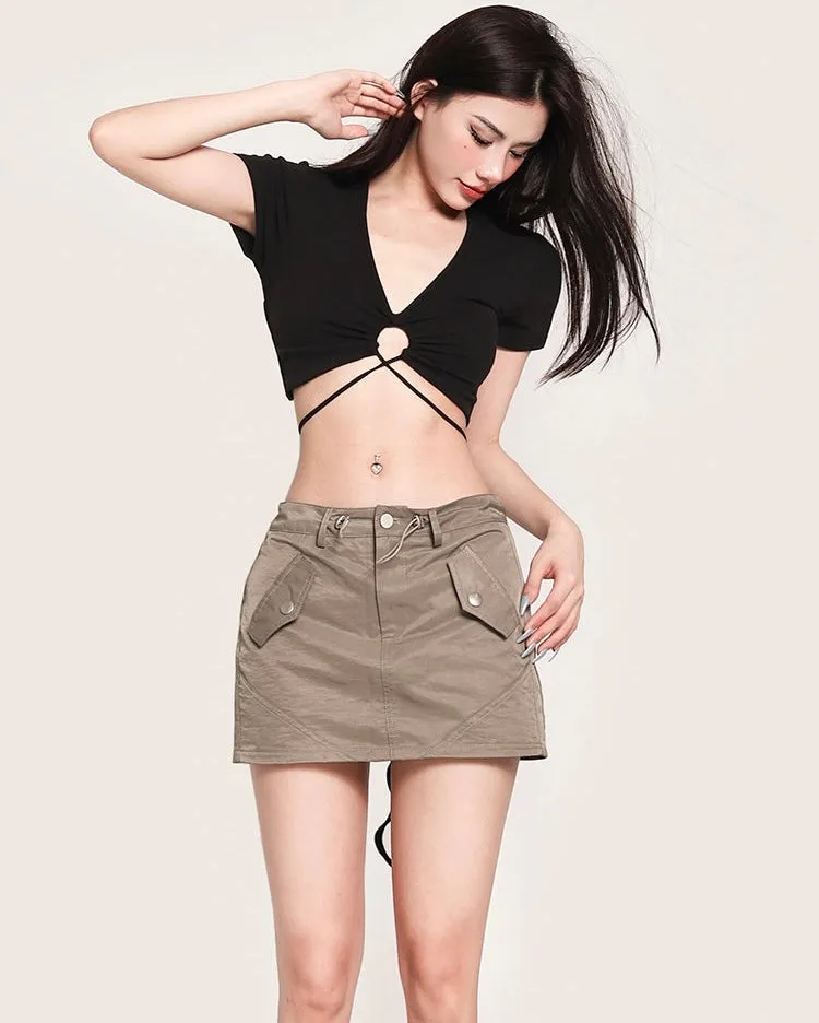 Janet Solid Color V-Neck Slim Short Sleeve Waist Rope Strap Cropped Topp