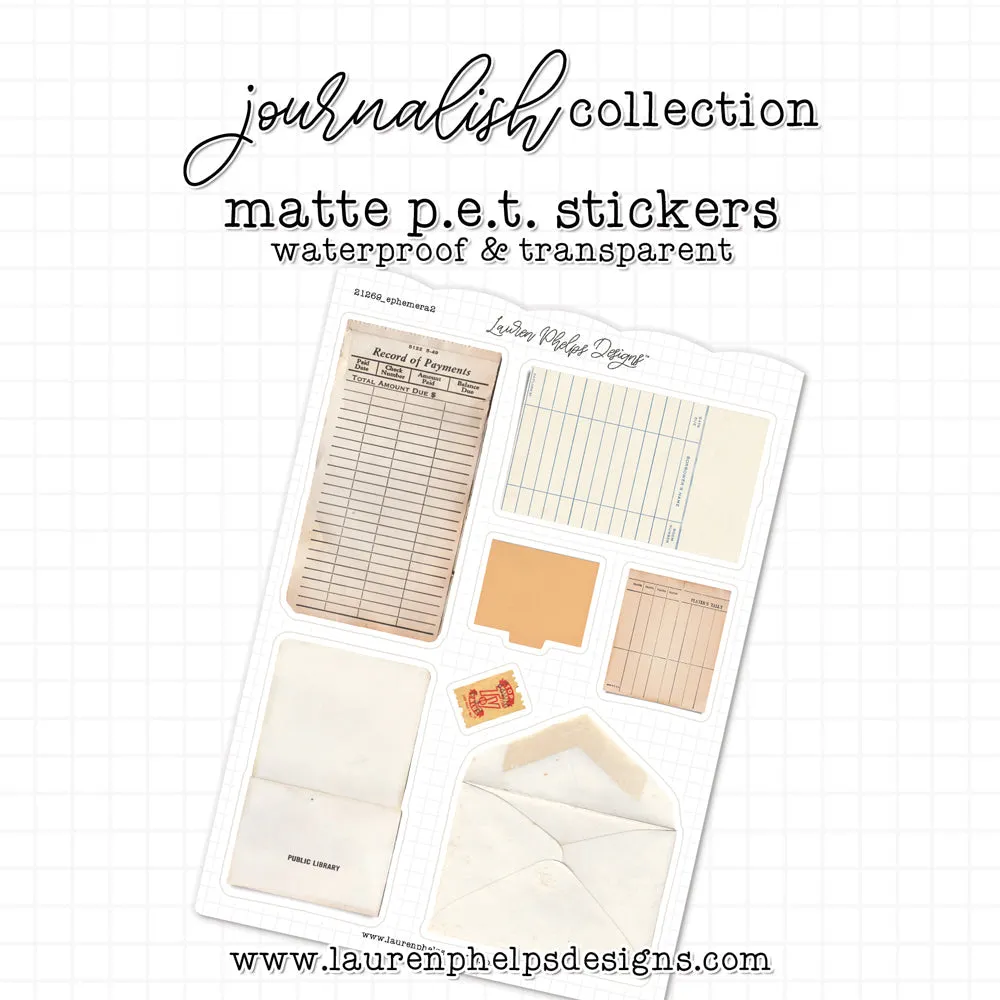 Journalish Collection Ephemera Satin P.E.T. Sticker Sheet Set