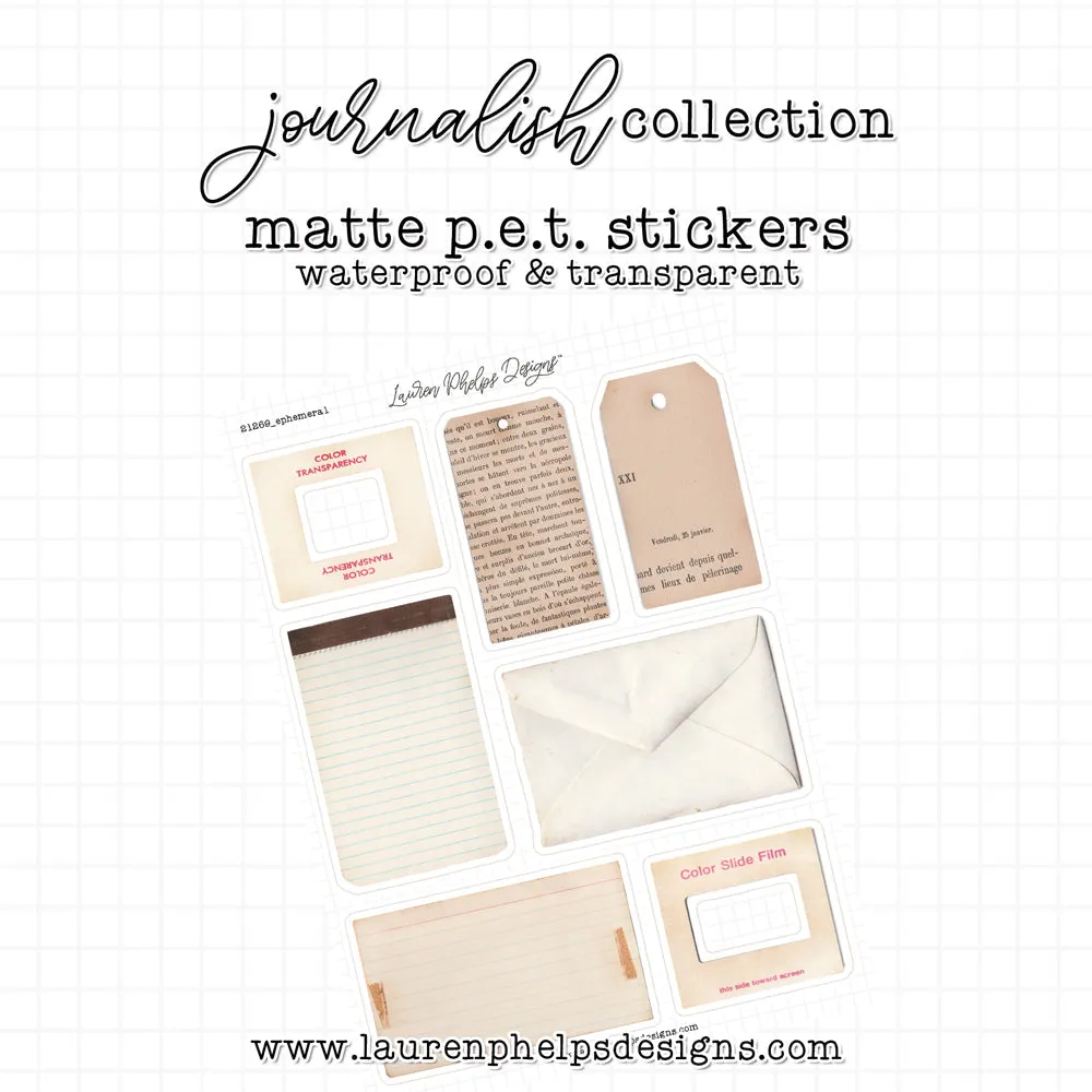 Journalish Collection Ephemera Satin P.E.T. Sticker Sheet Set