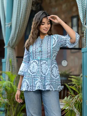 Juniper Sky Blue Ethnic Motif Printed Georgette Lacy Tunic With Tassels & Sequins