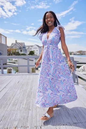 Kaleidoscope Print Flutter Sleeve V-Neck Maxi Dress