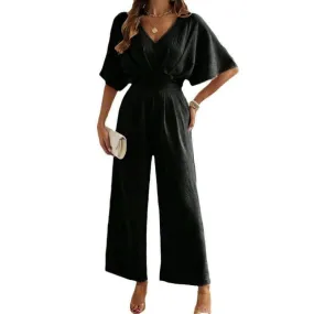 Ladies Casual Wide Leg Jumpsuit with Flutter Sleeves