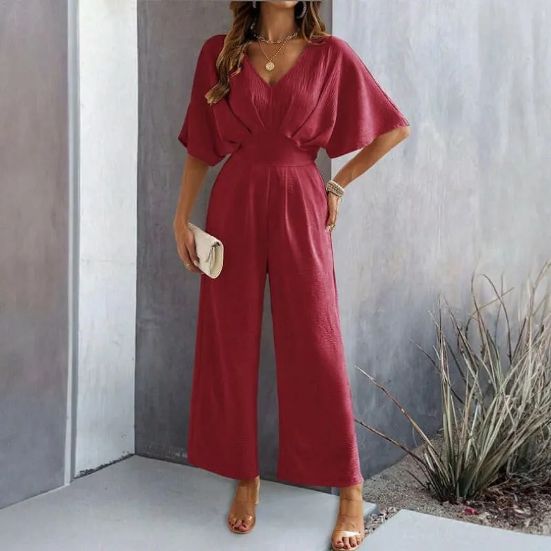 Ladies Casual Wide Leg Jumpsuit with Flutter Sleeves