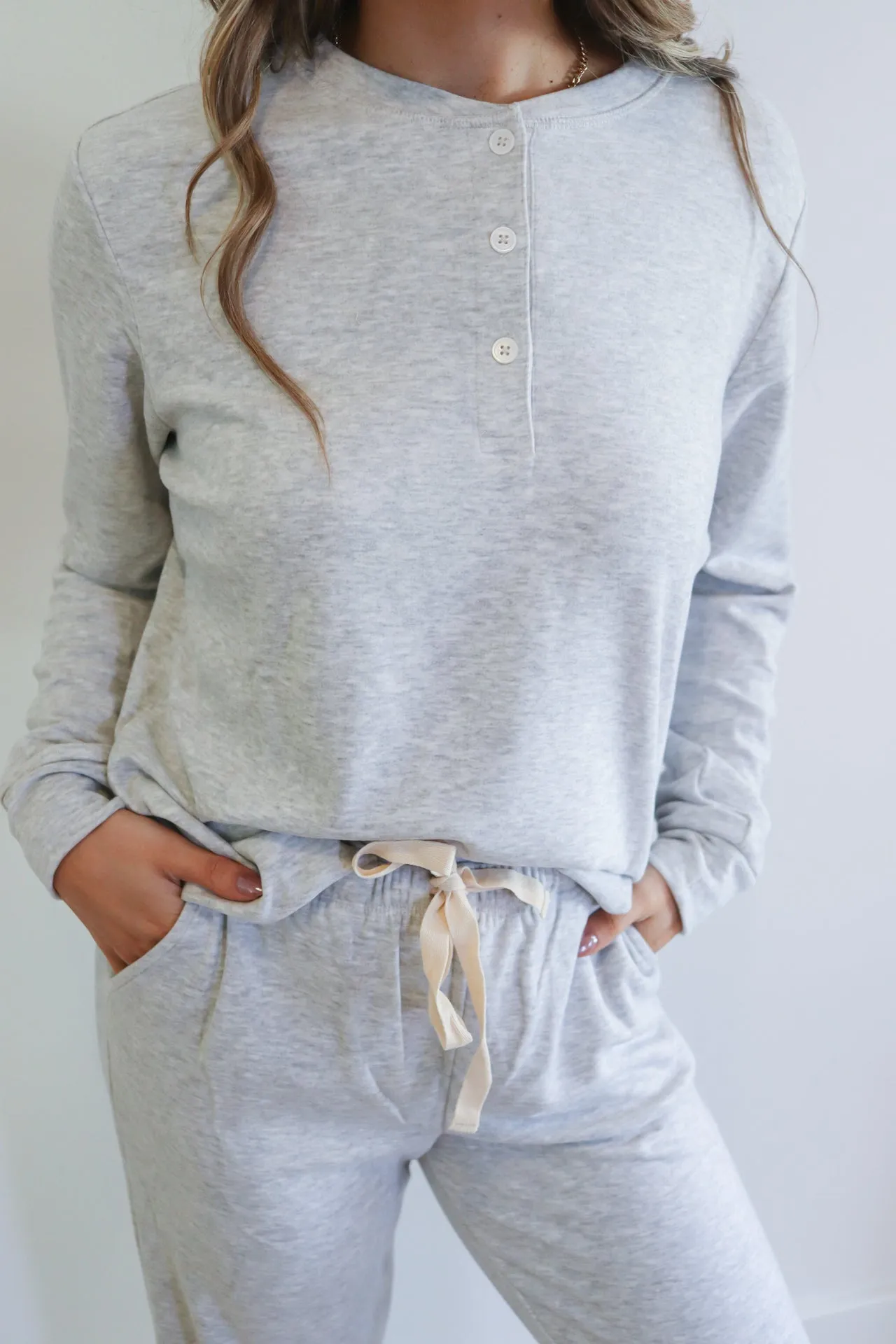 Ladies Wide Leg Henley Set - WARM GREY