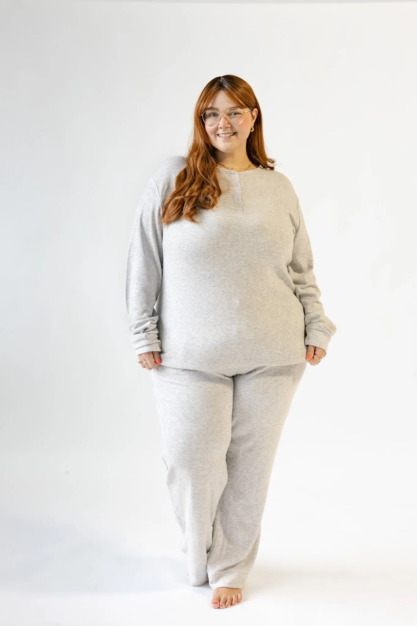 Ladies Wide Leg Henley Set - WARM GREY