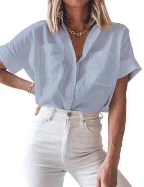 Light Blue Short Cuffed Sleeves Pockets Button-Up Top