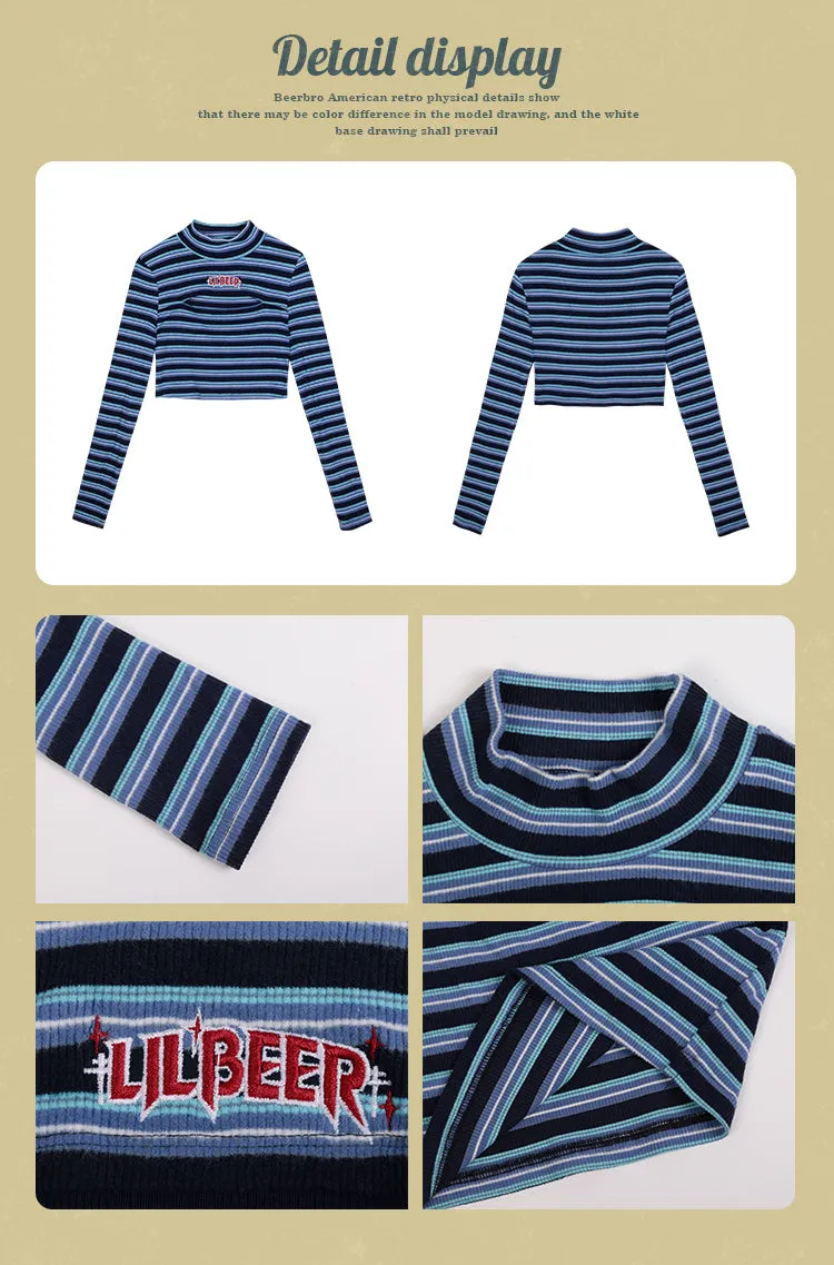 LILBEER Stripe Blue Black Cut Out Long Sleeve Slim Cropped Top