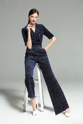 Limited edition V-neck French retro stretch cocktail formal sparkling midnight blue  wide leg jumpsuit - Starlet