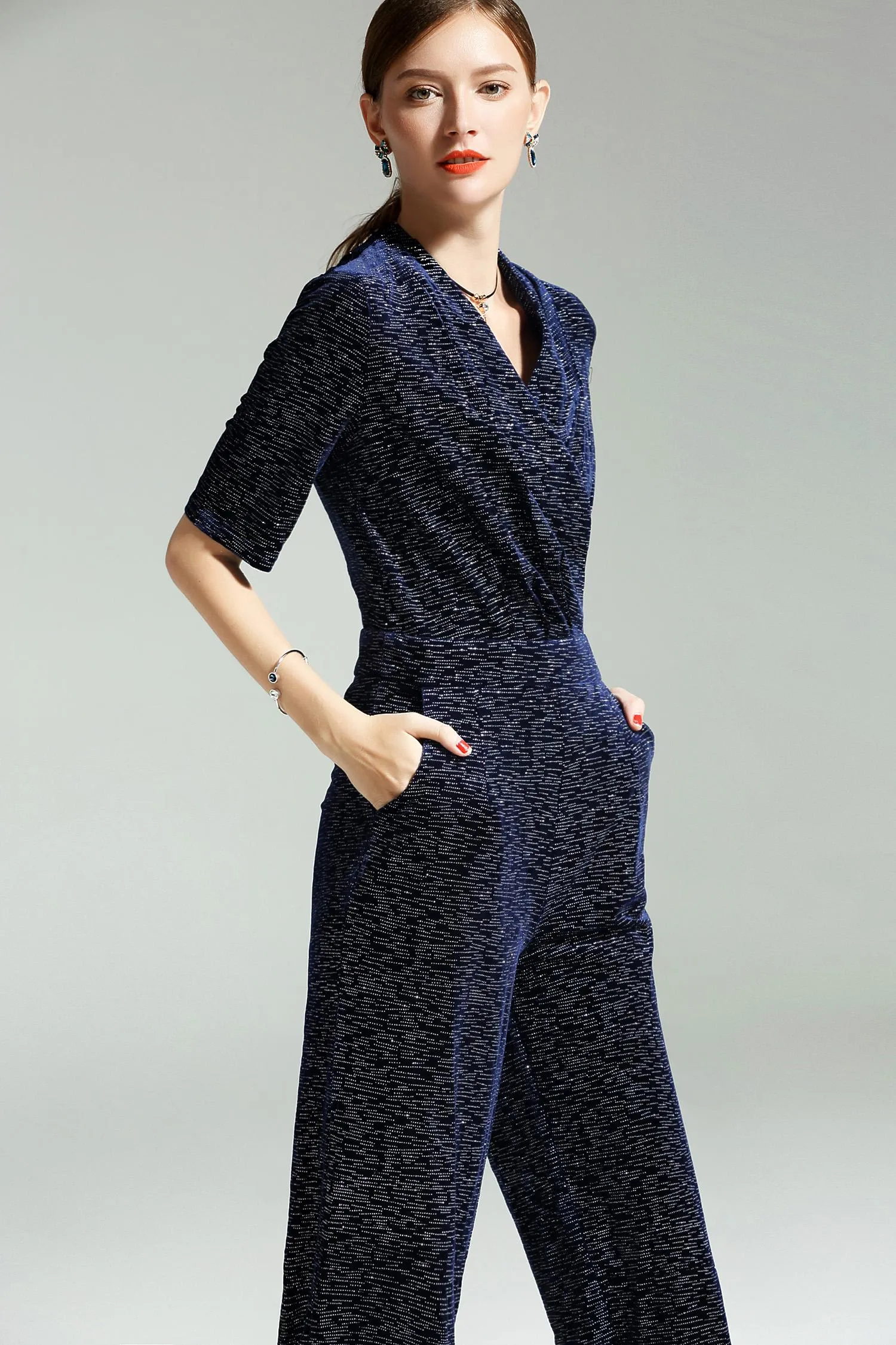 Limited edition V-neck French retro stretch cocktail formal sparkling midnight blue  wide leg jumpsuit - Starlet