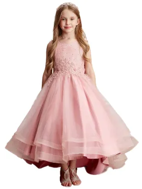 Little Girls Mauve Pearl Rhinestone Lace Tail Skirt Flower Girl Dress 2-6