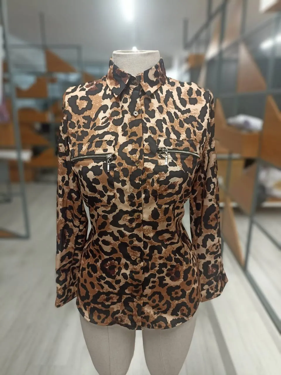 Long Sleeve Leopard Button Up Zipper Pockets Shirts Blouses