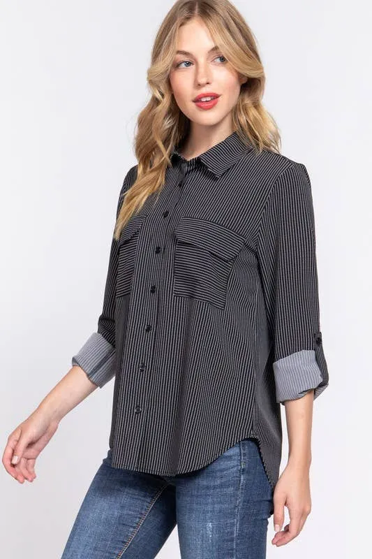 LONG SLEEVE PIN STRIPED BUTTON DOWN COLLARED SHIRT