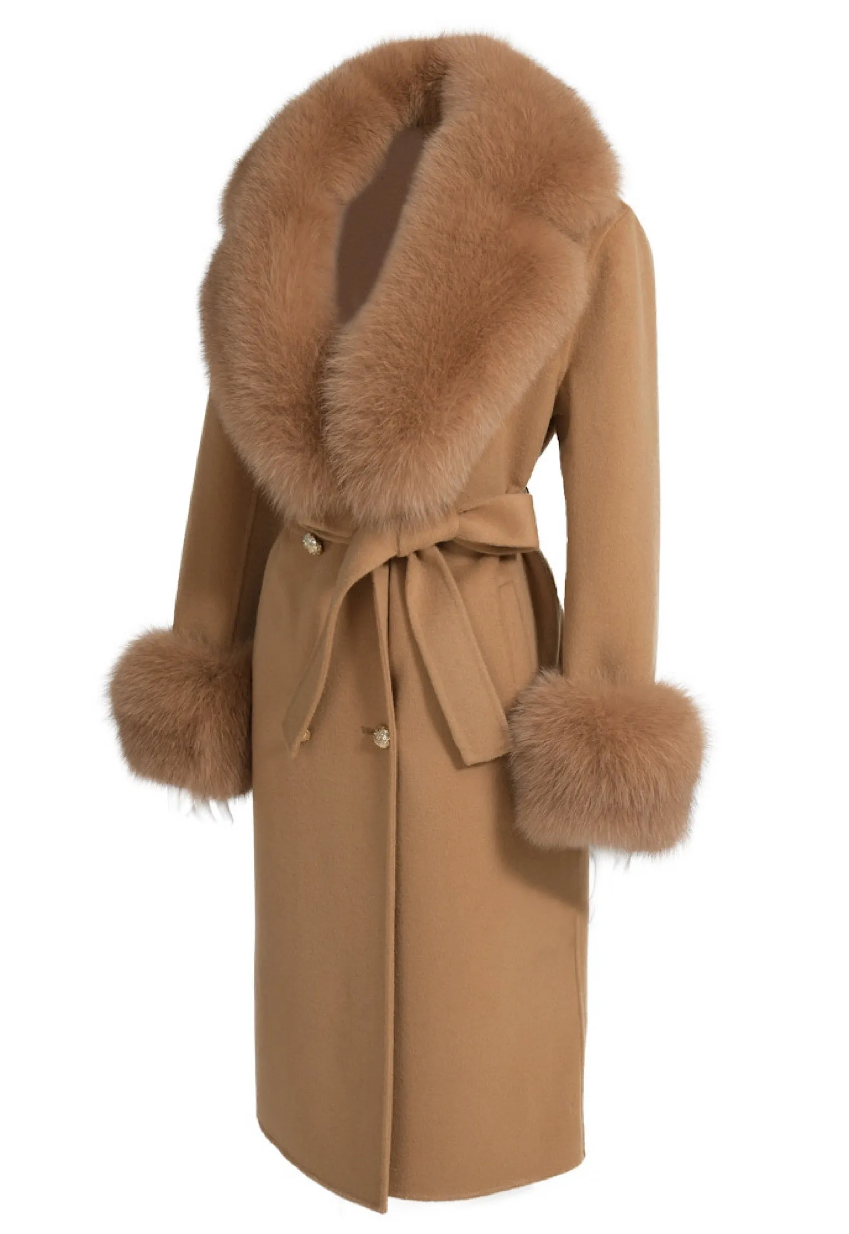 LORINA Camel Cashmere Midi Coat with Fox Fur