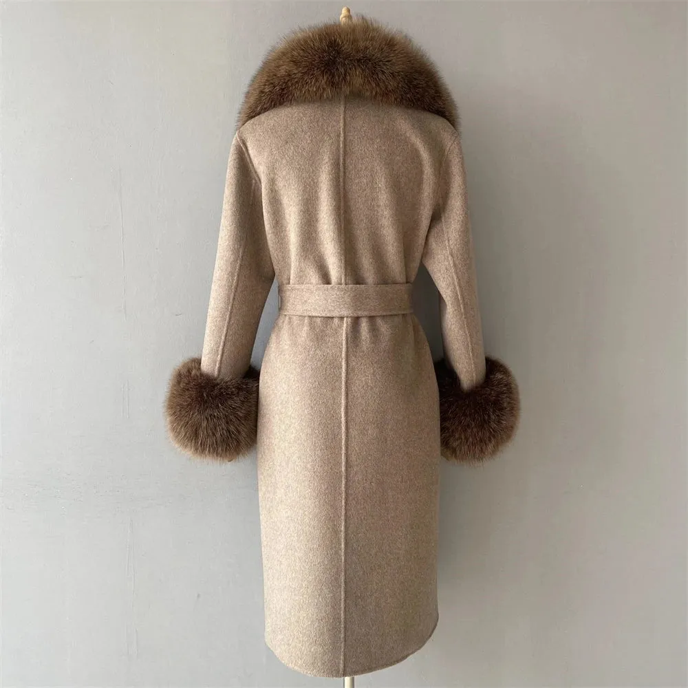 Luxury Cashmere Wool Coat with Genuine Fox Fur Trim