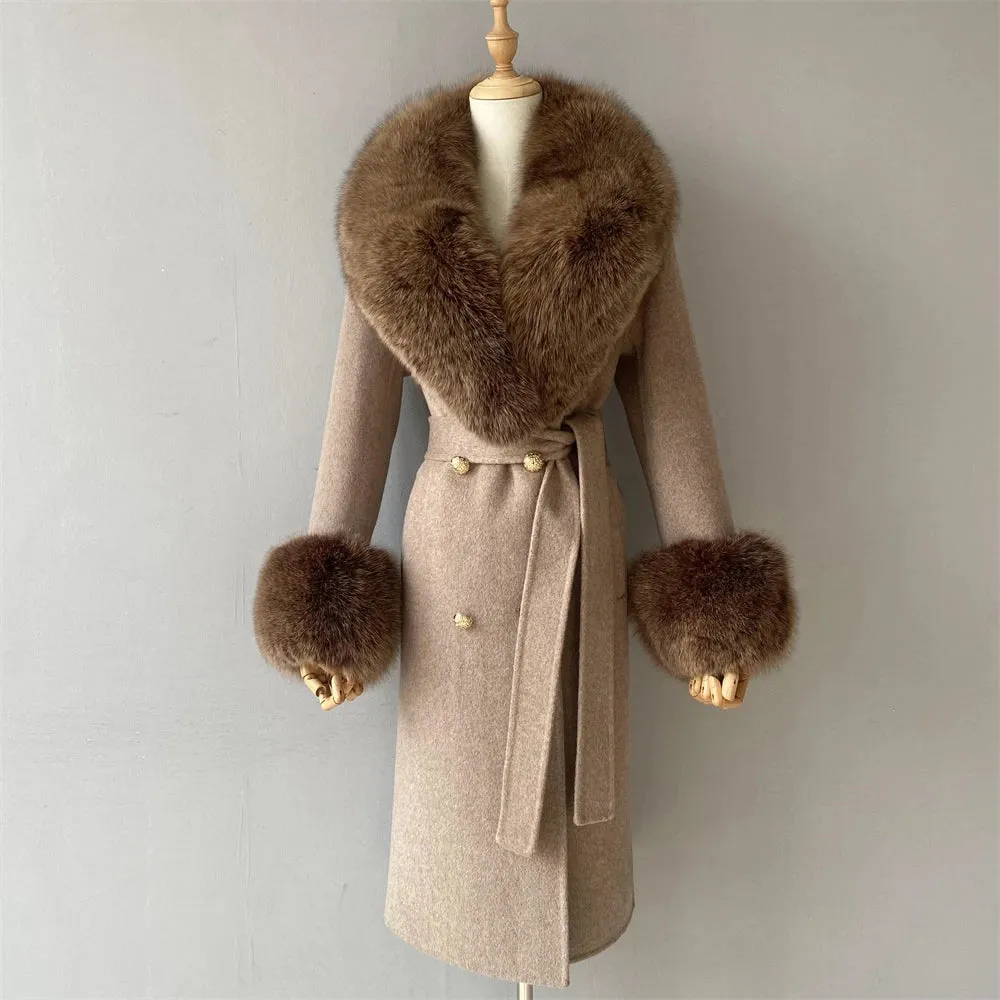 Luxury Cashmere Wool Coat with Genuine Fox Fur Trim