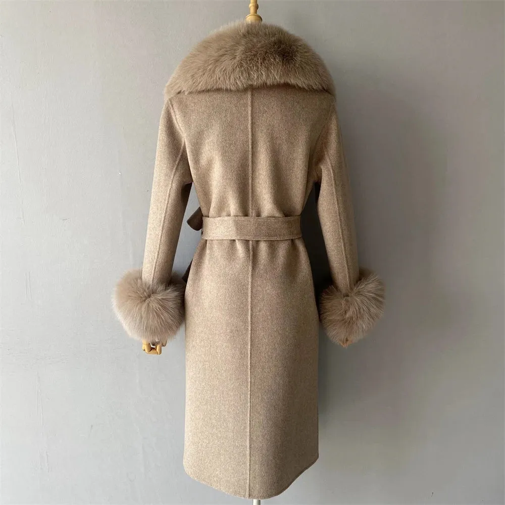 Luxury Cashmere Wool Coat with Genuine Fox Fur Trim