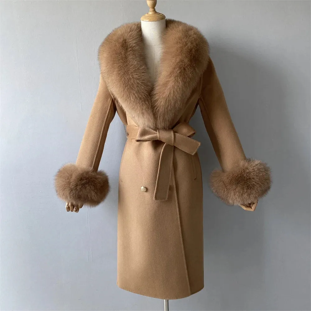 Luxury Cashmere Wool Coat with Genuine Fox Fur Trim