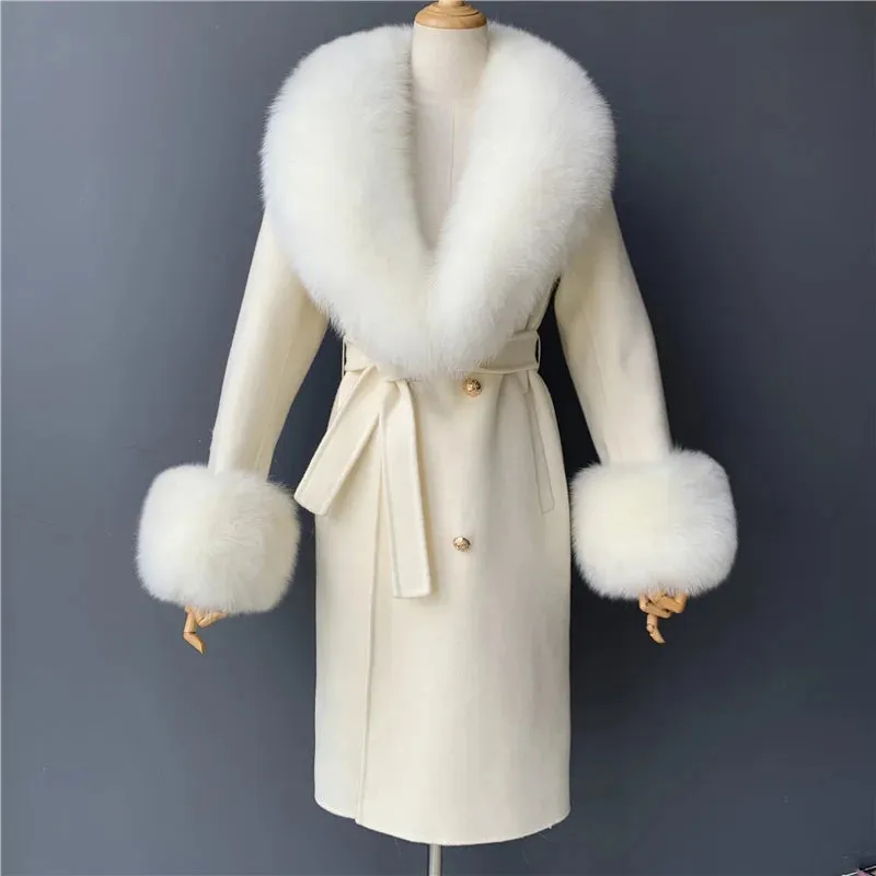 Luxury Cashmere Wool Coat with Genuine Fox Fur Trim