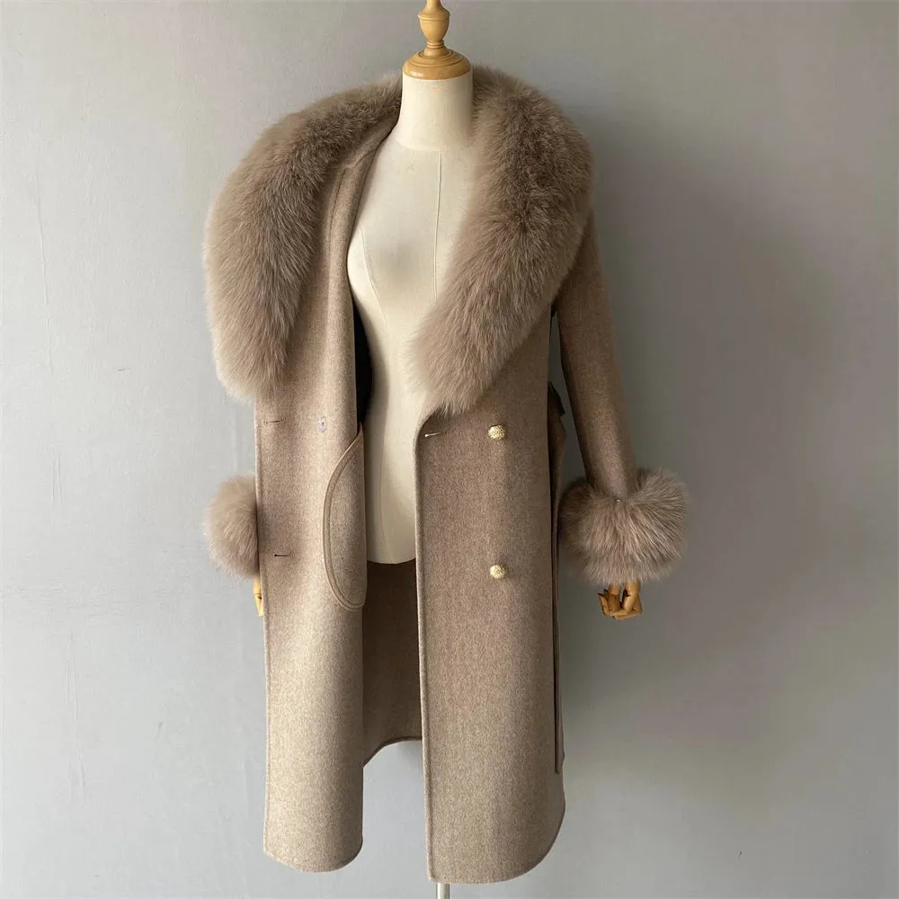 Luxury Cashmere Wool Coat with Genuine Fox Fur Trim